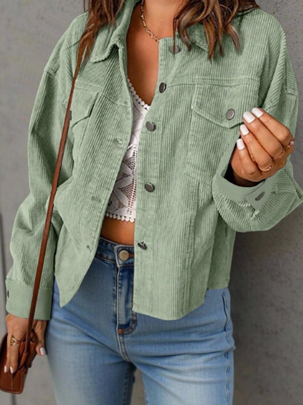 Mint Green Casual Women's Corduroy Jacket